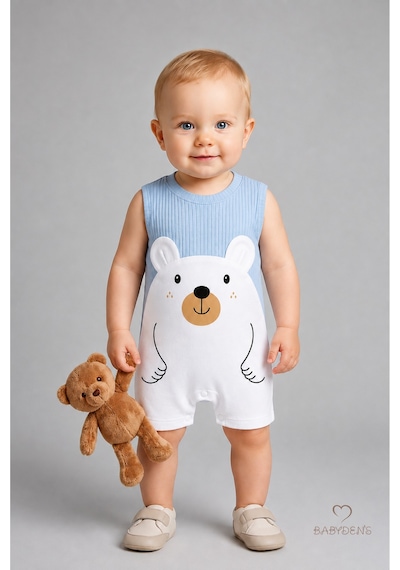 Babyden's Erkek Bebek Yazlık Ayıcık Baskılı Fitilli Tulum %100 Pamuk Kolsuz Şort Tulum Yenidoğan Bebek Romper 0-9 Ay Mavi