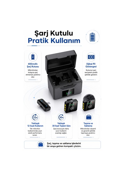 Kablosuz Tüylü Siyah Yaka Mikrofonu 1 Alıcı 2 Verici Şarj Kutulu Dijital Ekranlı 2.4g Gürültü Azaltmalı Type-c Lightning Uyumlu Mikrofon Seti Siyah Siyah