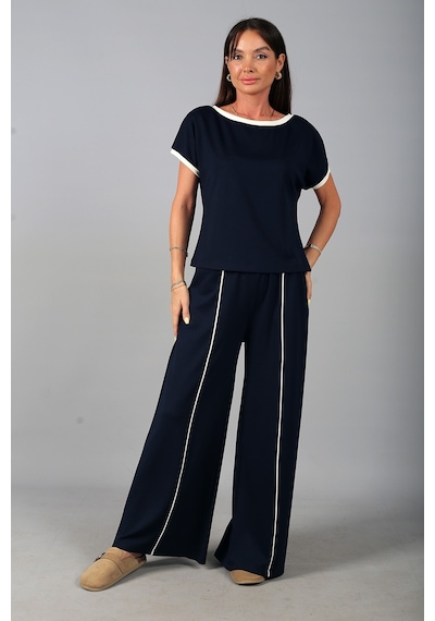 By Saygı Kadın Geniş Yaka Bluz Beli Lastikli Cepli Bol Paça Pantolon Biyeli Modal 2'li Takım Lacivert By Saygı Kadın Geniş Yaka Bluz Beli Lastikli Cepli Bol Paça Pantolon Biyeli Modal 2'li Takım Lacivert