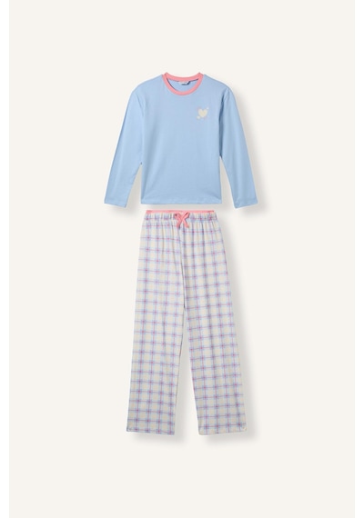Defacto Uzun Kollu Kalp Baskılı Kareli Alt 2li Pijama Takımı Kız Çocuk I2284a826aube791 Mavi-be791