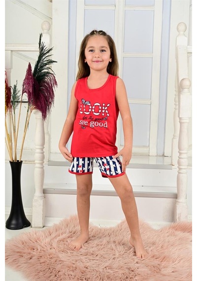kız çocuk askılı pijama takımı look see good kırmızı