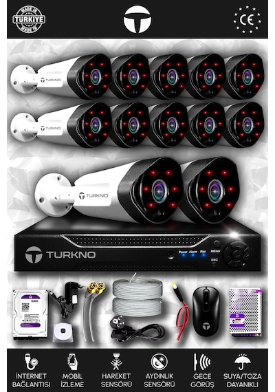 Turkno 12 Kameralı Galia 12 Dış Kamera Set 100 GB HDD Full HD Gece Görüşlü Güvenlik Kamerası Sistemi