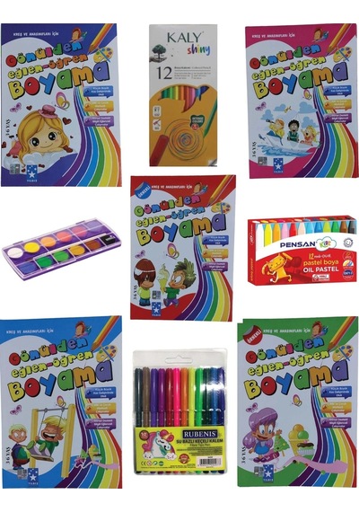 Boyama Kitabı Seti Boya Seti 32 Sayfa Arkalı Önlü 64 Syf 5 Adet Boyama Kuru-sulu-pastel-keçeli Boya
