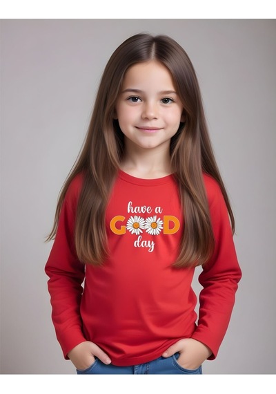 Fyk Kids Kız Çocuk Good Yazı Baskılı Yuvarlak Yaka Sweatshirt Kırmızı