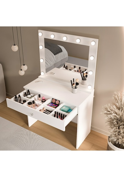 Robin Home Hollywood Makyaj Masası Çekmeceli Hollywood Led Işıklı Raflı Beyaz