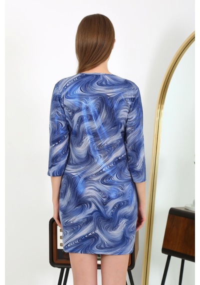 Modi Moda Çizgi Kadın Micro Kumaş Mini Parlak Elbise 7420 Mavi