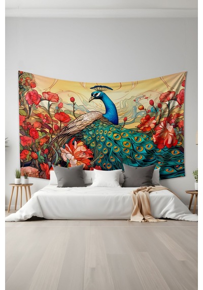 Tavus Kuşu Desenli Duvar Halısı Duvar Örtüsü Tapestry Süet Dokulu Kumaş