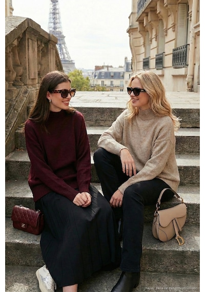 Lela Oversize Fit Balıkçı Yaka Yumuşak Dokulu 2'Li Paket Triko Bayan Kazak 680Kz00469S2 Vizon-Bordo