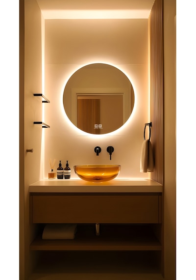 Digital Hayat Buğu Çözücü Dokunmatik Dimlenebilir Yuvarlak Ayna Gün Işığı Led Dekoratif Banyo Makyaj Aynası Naturel