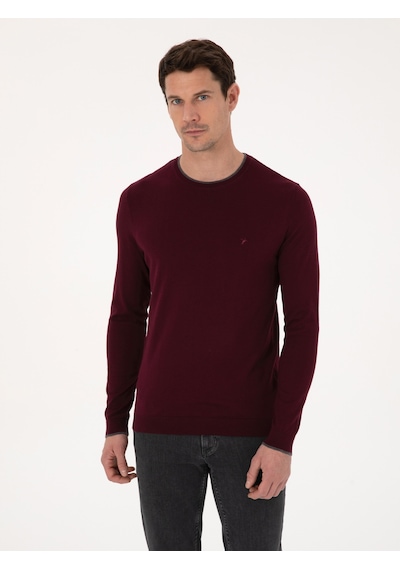 Cacharel Bordo Slim Fit Pamuk Karışımlı Bisiklet Yaka Triko Kazak Kırmızı