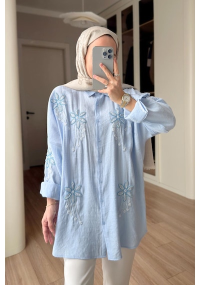 Kahijab Stella Boncuk İşlemeli Gömlek - Mavi