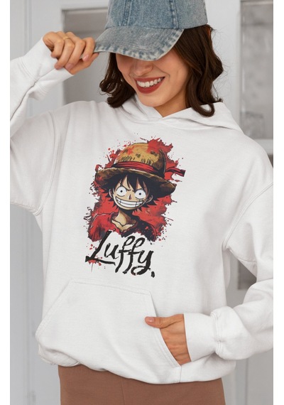 Sevbano Monkey D. Luffy Tasarım Baskılı Unisex Oversize One Piece Anime K beyaz