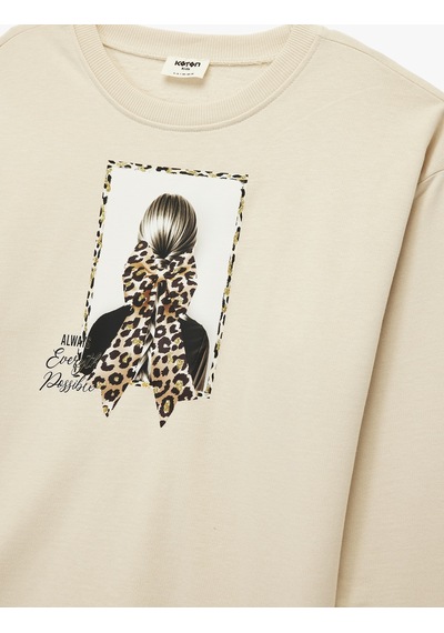 Koton Şardonlu Uzun Kollu Bisiklet Yaka Pamuklu Baskılı Sweatshirt Bej 6wkg10454ak Ekru