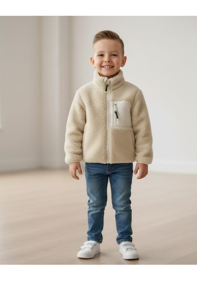 Smalltouch Unisex Çocuk Yumuşak Dokulu Astarlı Fermuarlı Cepli Peluş Hırka Bej