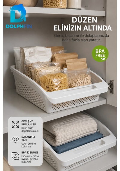 Geniş Dolap İçi Düzenleyici Sepet 30x27x9 Cm Saplı Mutfak Kiler Banyo Organizeri beyaz