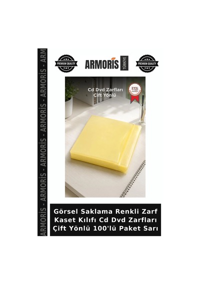 Görsel Saklama Renkli Zarf Kaset Kılıfı Cd Dvd Zarfları Çift Yönlü 100'lü Paket Sarı
