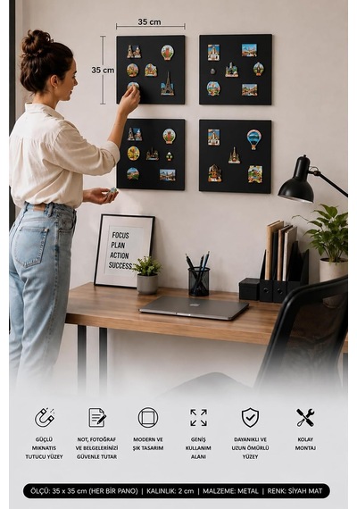 Mıknatıslı Pano - Magnet Panosu - Siyah Ofis/çalışma Odası İçin Mıknatıs Hediyeli Metal Magnet Hatıra Panosu 35x35cm