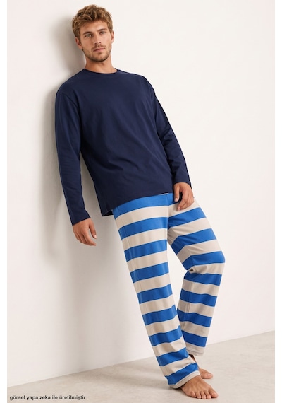 Siyah İnci Desenli Pamuklu Örme Pijama Takım 8093 Saks Çizgi