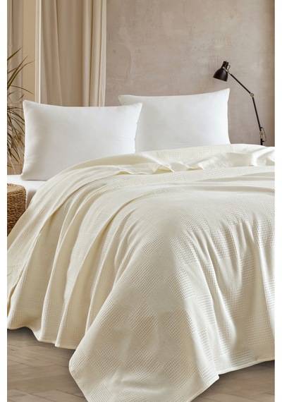 Eponj Home Battal Boy %100 Pamuk Pike Örtü 230x240cm Karo Desenli Krem Weave Serisi Krem