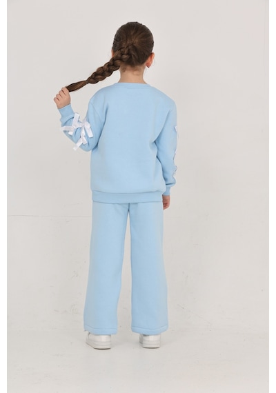 Erdem Kıds Kız Çocuk 3 İplik Şardonlu Kurdele Detaylı Basic Sweatshirt-bol Kesim Palazzo Eşofman Takım Bebe Mavisi Bebe Mavisi