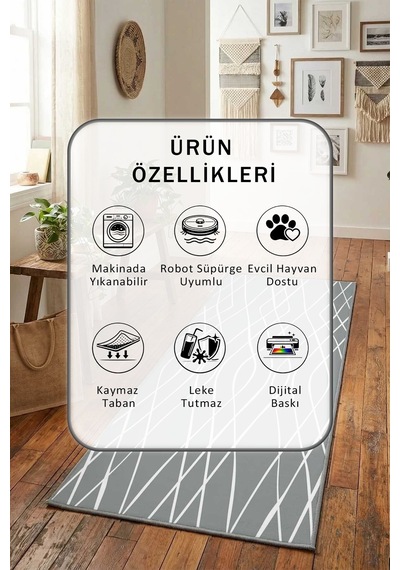 Grey Dijital Baskılı Kaymaz Yıkanabilir Yolluk Mor