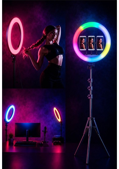 21 İnç Rgb Led Halka Işık, 3 Telefon Tutuculu, Uzaktan Kumandalı, Tiktok Youtube Makyaj Ring Light