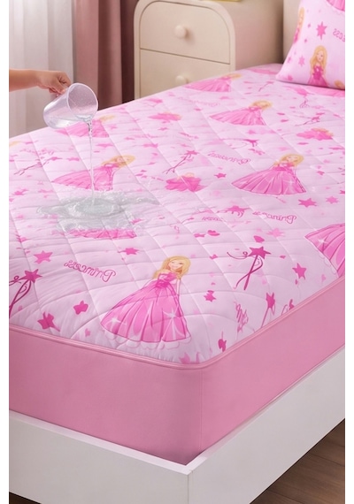 Prenses Desen Tek Kişilik Kapitone Fitted Su Sıvı Geçirmez Yatak Alezi Seti 1 Adet Yastık Kılıflı Pembe