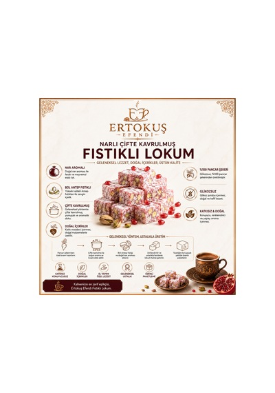 Narlı Duble Antep Fıstıklı Lokum 250 Gr Çifte Kavrulmuş %100 Pancar Şekeri - 884857268