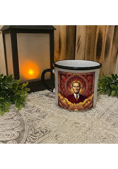 Kişiye Özel Sarı Kırmızı Renk Tasarımlı Atatürk Portre Temalı Enamel Kupa Bardak 2 Sarı - Kırmızı