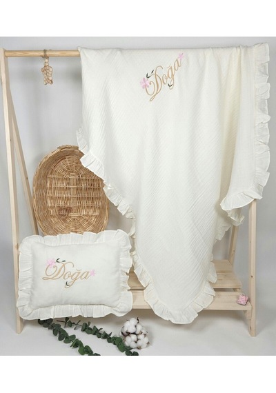 Gros Shop Yeni Doğan %100 Doğal 4katlı Müslin Hastane Çıkış Mevlüt Seti Ki Ekru