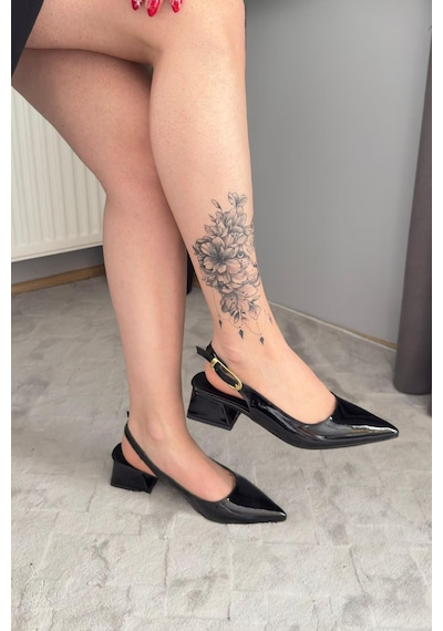 Preshley Kadın Sole Siyah Rugan Kısa Topuklu Arkası Acık Ayakkabı Siyah
