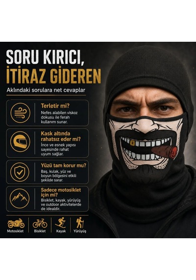 Ulupazarlama Unisex Bıyık Puro Baskılı Balaklava 1 Adet Tek Beden Viskoz Kask İçi Motosiklet Maskesi Siyah