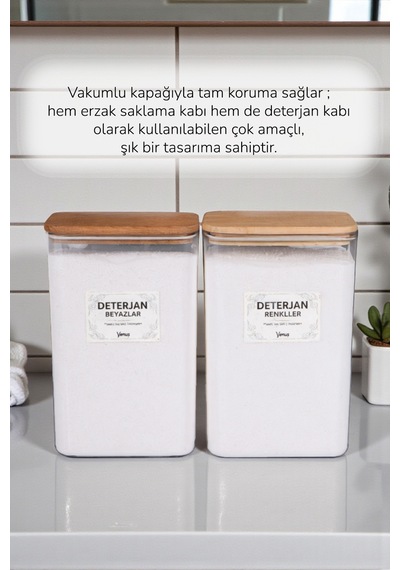 3 Adet Ahşap Vakumlu Kapaklı Tablet Ve Deterjan Renkliler - Beyazlar Etiketli Kutu 3 Litre Şeffaf