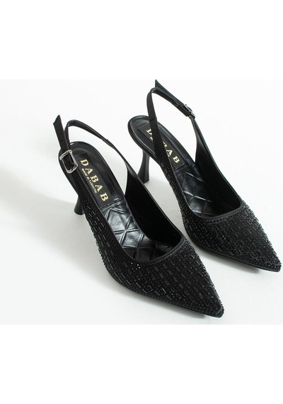 Dabab Shoes Merıa Kadın Siyah 7 Cm Sivri Burun Kristal Taş İşlemeli Slingback Topuklu Ayakkabı