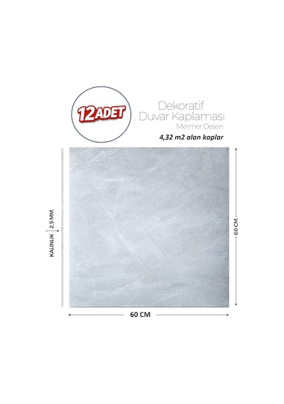 60x60 Cm Kendinden Yapışkanlı Duvar,banyo,tezgah Arası Açık Gri Mermer-12 Adet 902-60-12