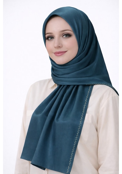 Mim Eşarp Mısırlı Eşarpları Taşlı Jan Jan Abiye Şal 75x190 Cm Petrol Mavi