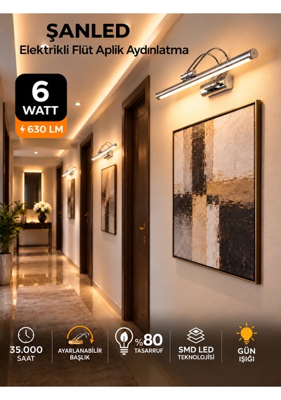 6w Elektrikli Flüt Led Aplik Krom Renk Gün Işığı Ayarlanabilir Başlık