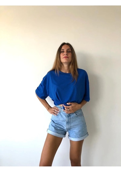 Unisex Saks Mavisi Pamuklu Oversize T-shirt - Bisiklet Yaka Saks Mavi