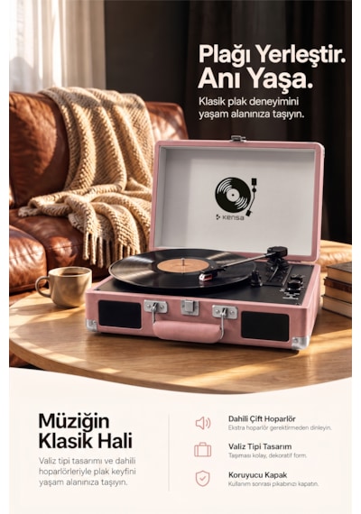Kensa Bluetooth Lu Nostaljik Çantalı Pikap 33/45/78 Devir Dahili Bataryalı Plak Çalar Pembe