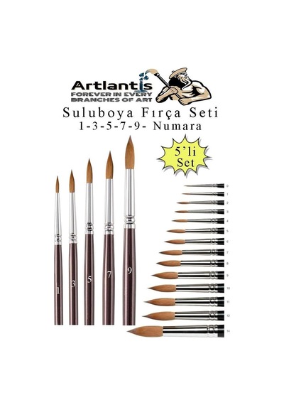 Tr Resim Fırçası 1-3 - 5-7 - 9 Numara 1 Paket 5 Li Samur Yuvarlak Uçlu Fırça Seti Guaj Sulu Akrilik Yağlı Boya F