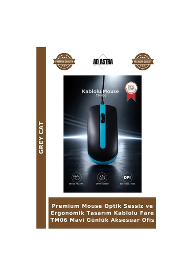 Premium Mouse Optik Sessiz Ve Ergonomik Tasarım Kablolu Fare Tm06 Mavi Günlük Aksesuar Ofis