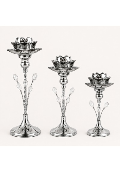 3'lü Gümüş Lotus Mumluk Seti Kristal Taş Detaylı Metal Şamdan Dekoratif Mumluk