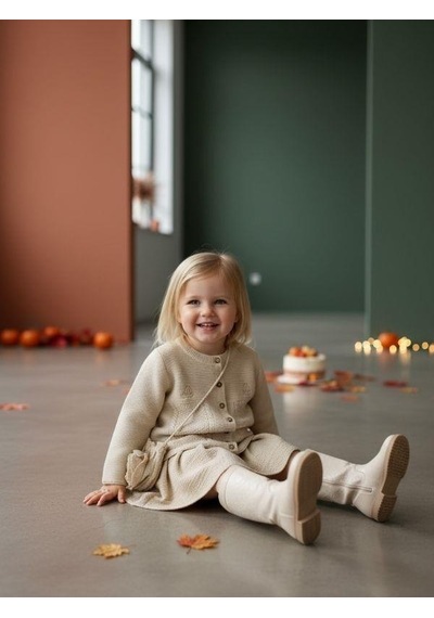 Zekids Kız Çocuk Hırkalı Çantalı 4'lü Etekli Takım-16340 Bej