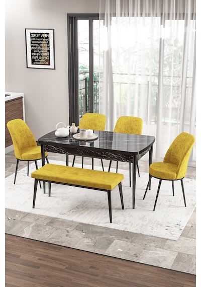 Canisa Zen Serisi 80x132 Mdf Açılabilir Siyah Mermer Desen Masa Takımı 4 Hardal Sandalye Ve 1 Bench Masa Siyah Sandalyeler Hardal Sarısı Canisa Zen Serisi 80x132 Mdf Açılabilir Siyah Mermer Desen Masa Takımı 4 Hardal Sandalye Ve 1 Bench Masa Siyah Sandalyeler Hardal Sarısı