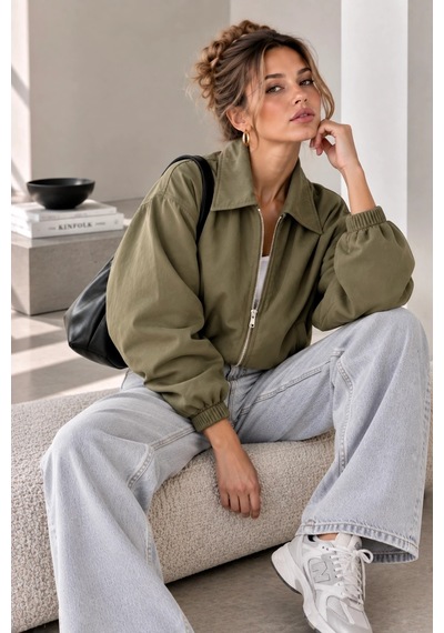 Bb Butik Basic Mevsimlik Fermuarlı Bomber Ceket Oversize Rahat Kalıp Fs3434 Haki