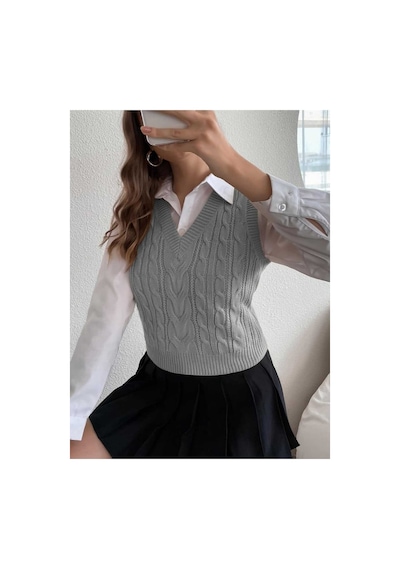 Youknitwear You Cameron %100 Pamuk V Yaka Kadın Süveter Gri