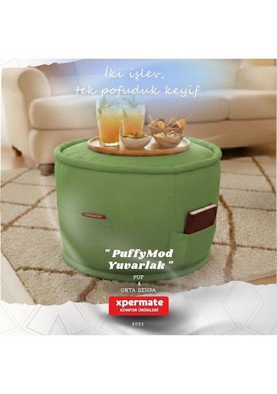 Dekoratif Yuvarlak Puf Orta Sehpa Puf 60x42 Cm Puffymod Yeşil
