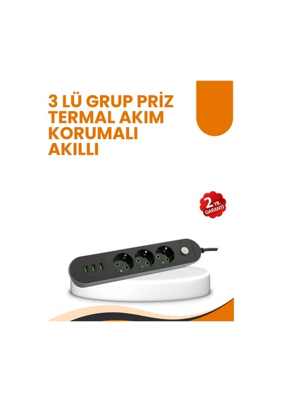 Mey İthalat 2 Metre Kablolu 3 Usb Portlu Anahtarlı Üçlü Priz