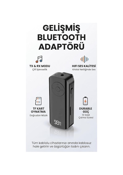 Bluetooth Adaptör 2in1, Alıcı Verici, Bluetooth 5.3, Aux Wireless, Araç Hoparlör Kiti, Model M06, Siyah