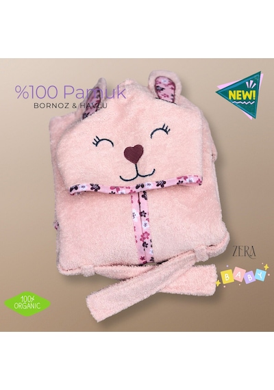 Bebek Bornoz Kapişonlu & Bebek Havlu Set %100 Organic Pamuk Yumuşacık Nakış Desenli 2 - 4 Yaş